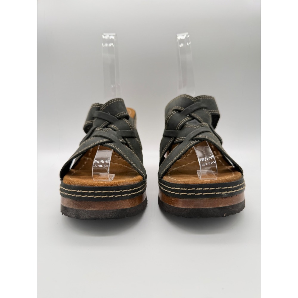 Vintage Platform Bongo Sandals Womens 7 Black Wood Block Heel Woven Leather Good - Picture 2 of 8